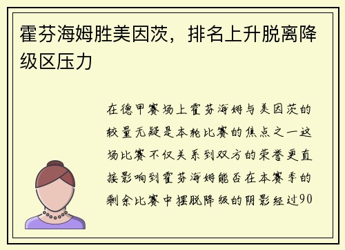 霍芬海姆胜美因茨，排名上升脱离降级区压力
