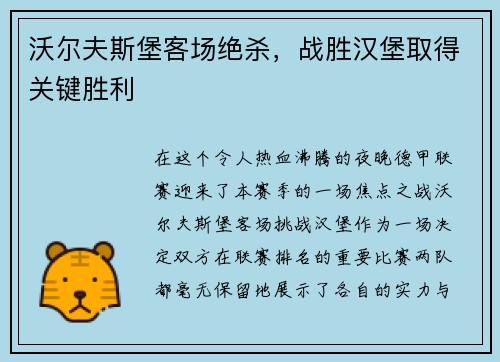沃尔夫斯堡客场绝杀，战胜汉堡取得关键胜利